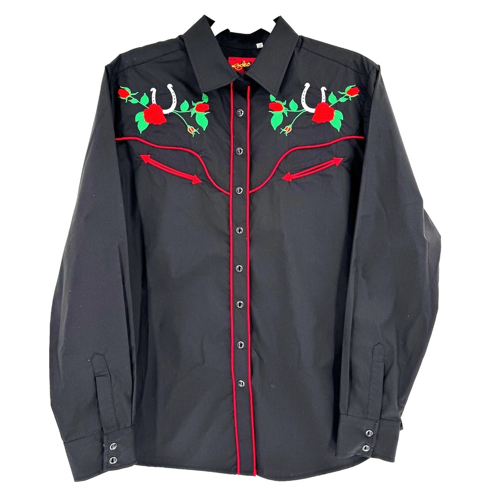 NEW Rodeo Clothing Women's Rose Embroidered Pearl Snap Western Shirt Large Black